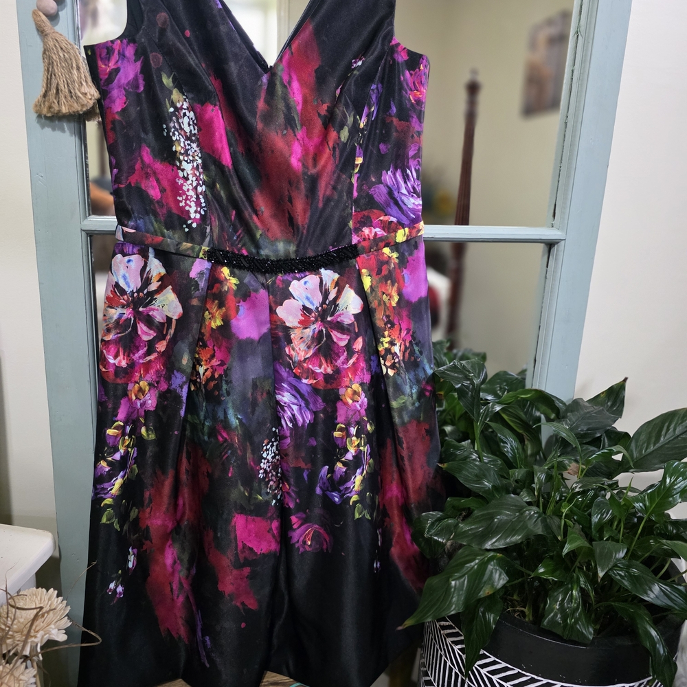 Teri Jon Black and Pink Floral Midi Dress